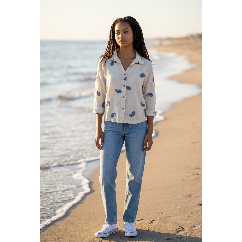 Civico 51 Womens Cream Blue Paisley Embroidered Cotton Button Down Shirt M Boho